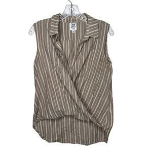 Ivy Jane Small Tan White Striped Sleeveless Wrap Blouse 100% Cotton‎